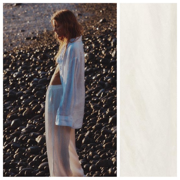 NWT. Zara Oyster-White Lyocell/Viscose Flowy Straight Leg Pants. Size L. - Picture 4 of 11